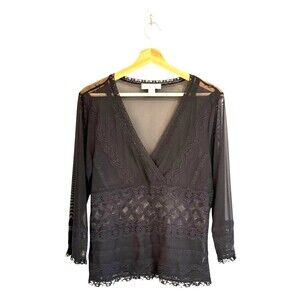 Womens Whimsigoth Black Sheer Mesh Lace Top Size L Boho Witchy Fairy Grunge